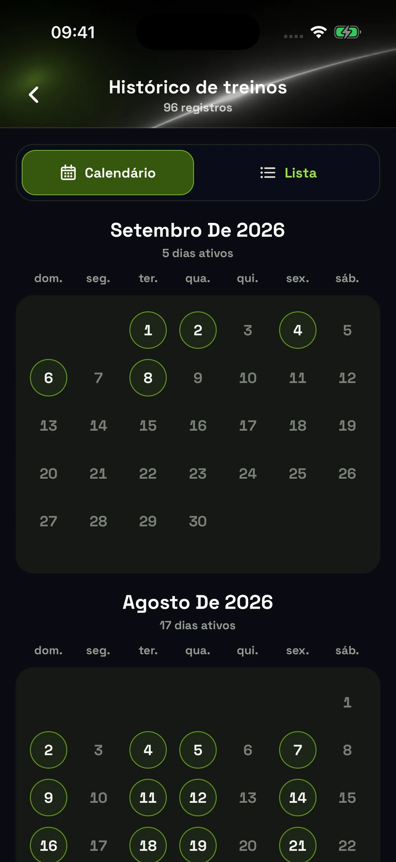 Tela de histórico da Rivlo, em calendário