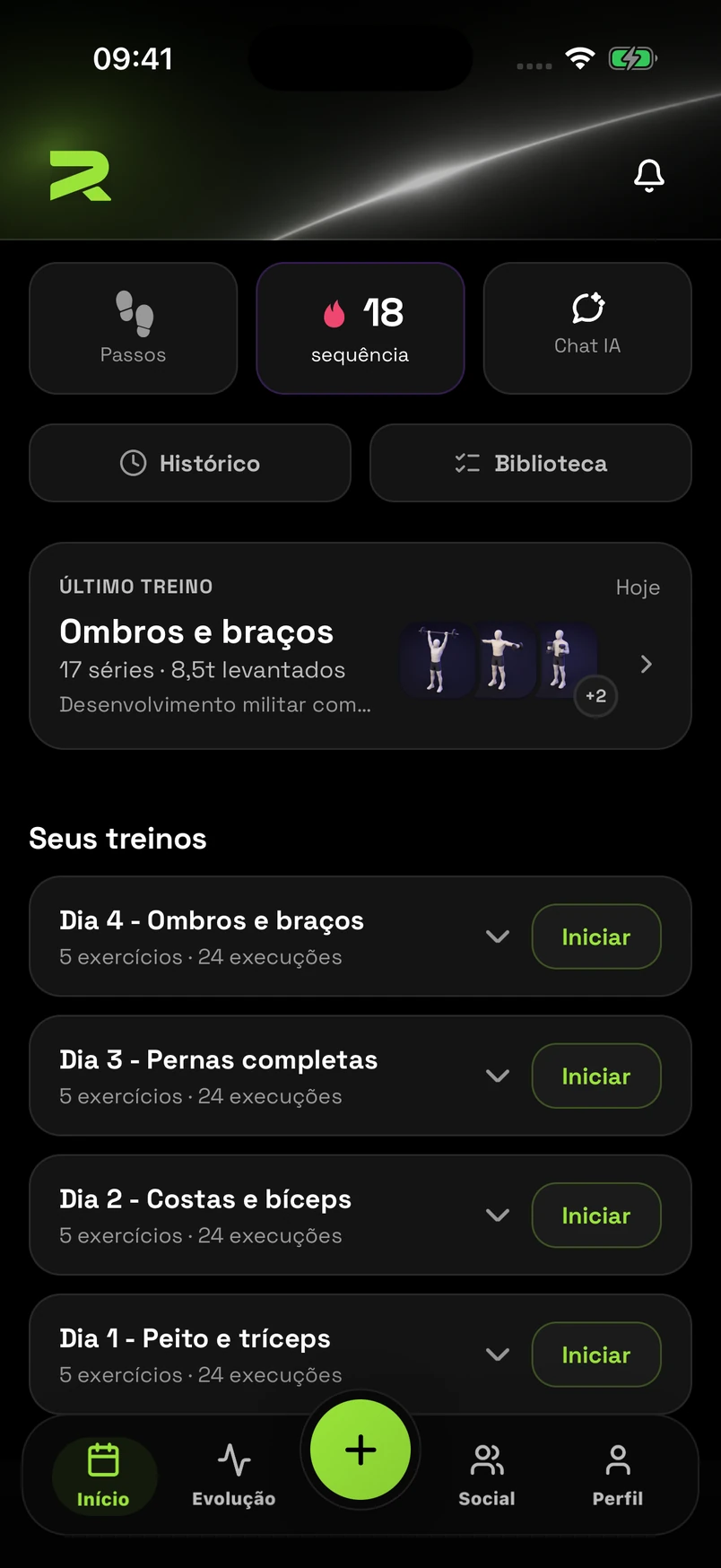 Tela inicial da Rivlo com a lista de treinos da semana